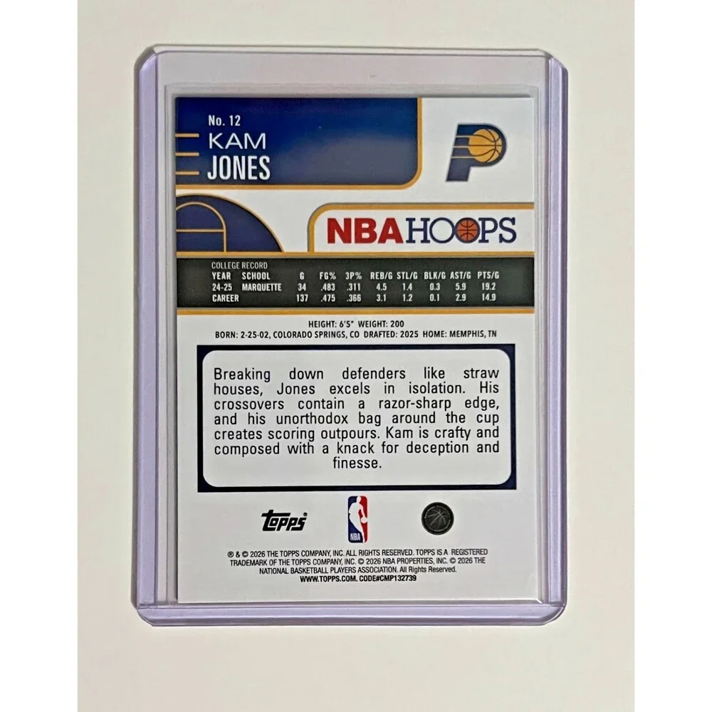 2025-26 Topps NBA Hoops Kam Jones Pacers #12 RC Gold and Pixel /50